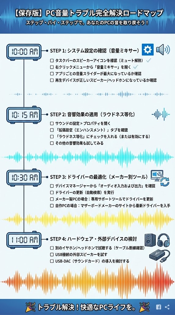 「音量トラブル解決のロードマップ」を作成してください。 STEP 1: システム設定の確認(音量ミキサー) STEP 2: 音響効果の適用(ラウドネス等化) STEP 3: ドライバーの最適化(メーカー別ツール) STEP 4: ハードウェア・外部デバイスの検討 各ステップがチェックリスト形式になっていると、読者が自分の現在地を把握しやすくなります。