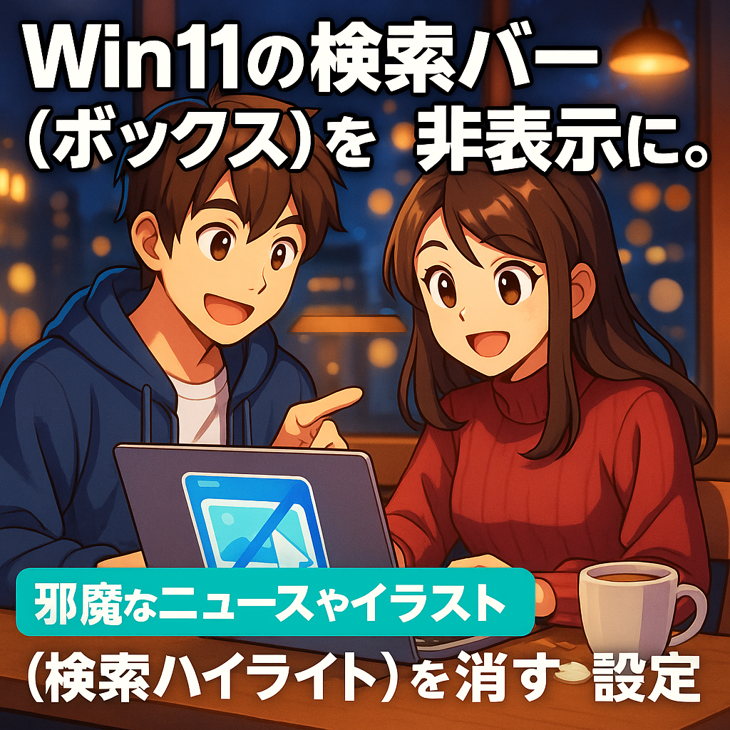 Win11の検索バー(ボックス)を非表示に。邪魔なニュースやイラスト(検索ハイライト)を消す設定