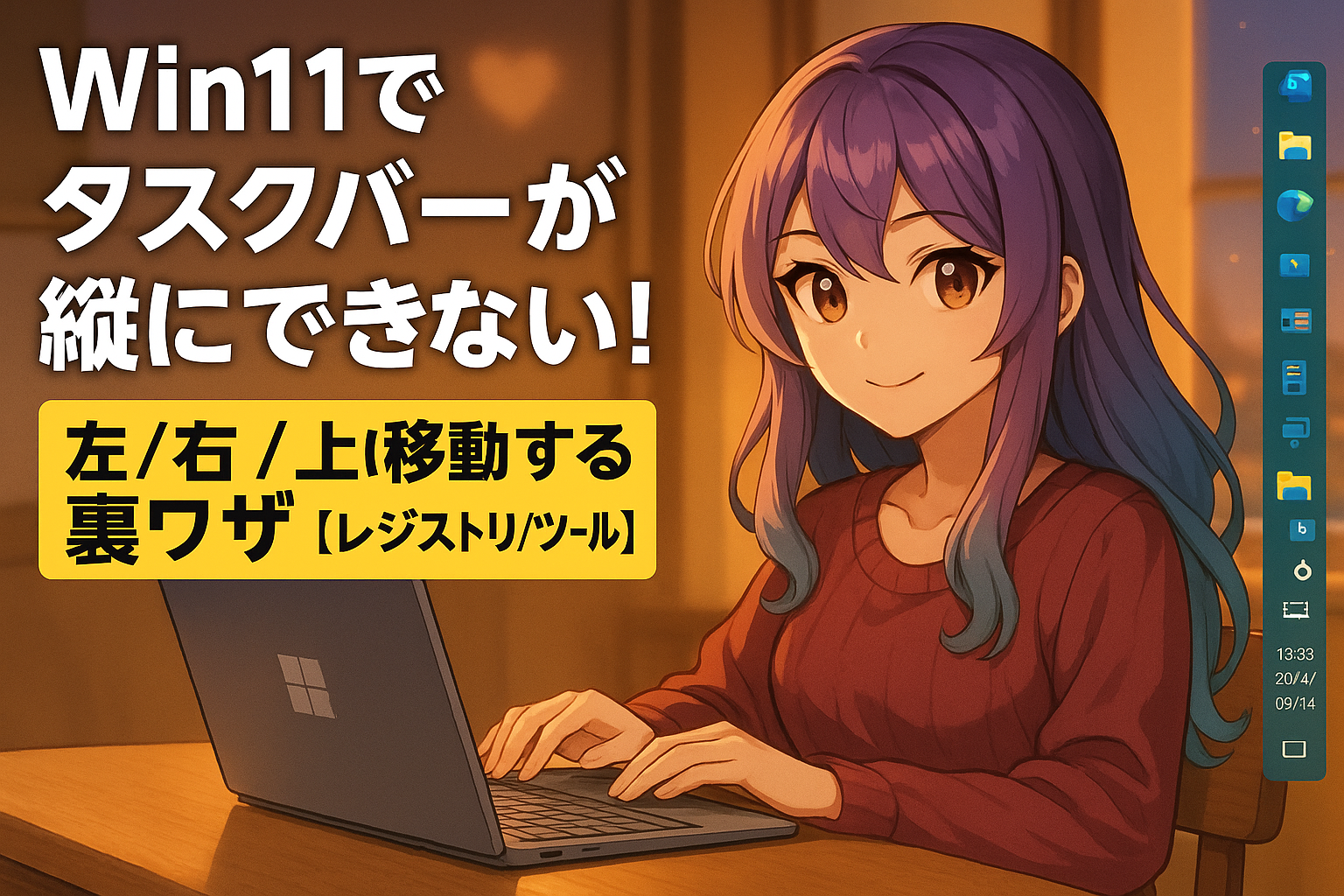 Win11でタスクバーが縦にできない!左/右/上に移動する裏ワザ【レジストリ/ツール】