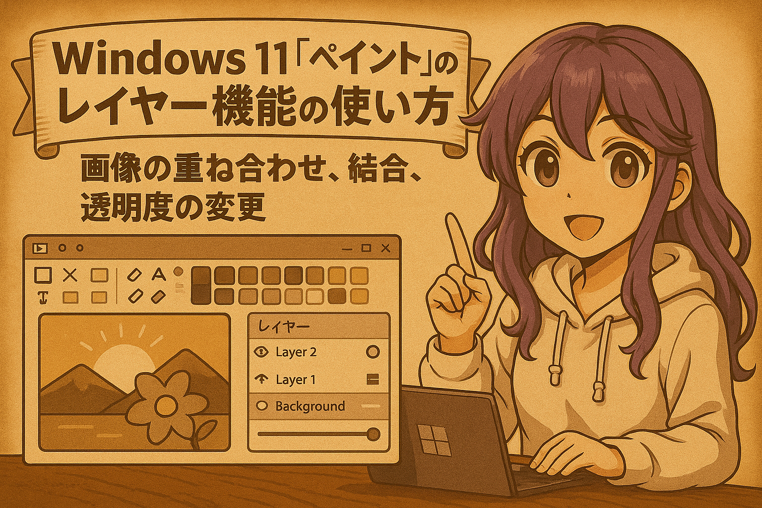 Windows 11「ペイント」のレイヤー機能の使い方。画像の重ね合わせ、結合、透明度の変更