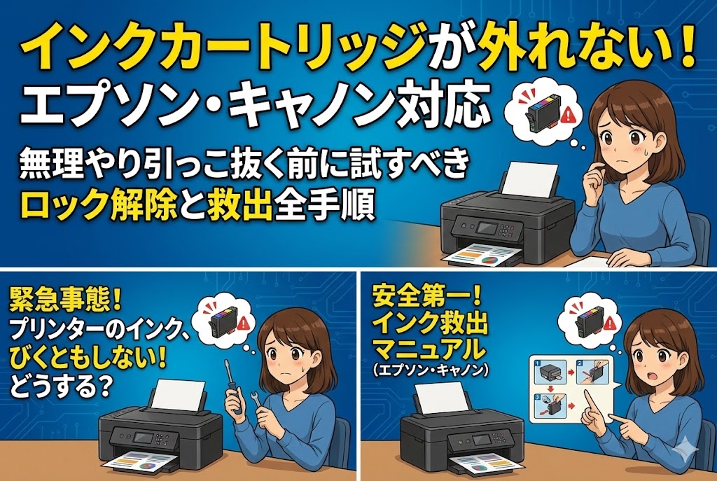 インクカートリッジが外れない！エプソン・キャノン対応｜無理やり引っこ抜く前に試すべきロック解除と救出全手順