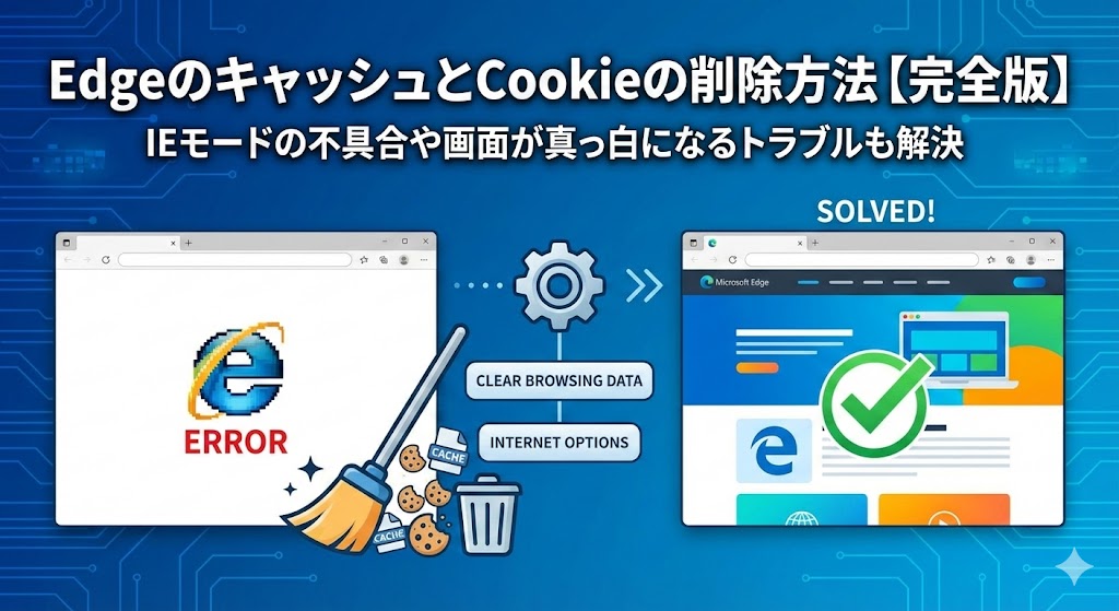 EdgeのキャッシュとCookieの削除方法【完全版】IEモードの不具合や画面が真っ白になるトラブルも解決