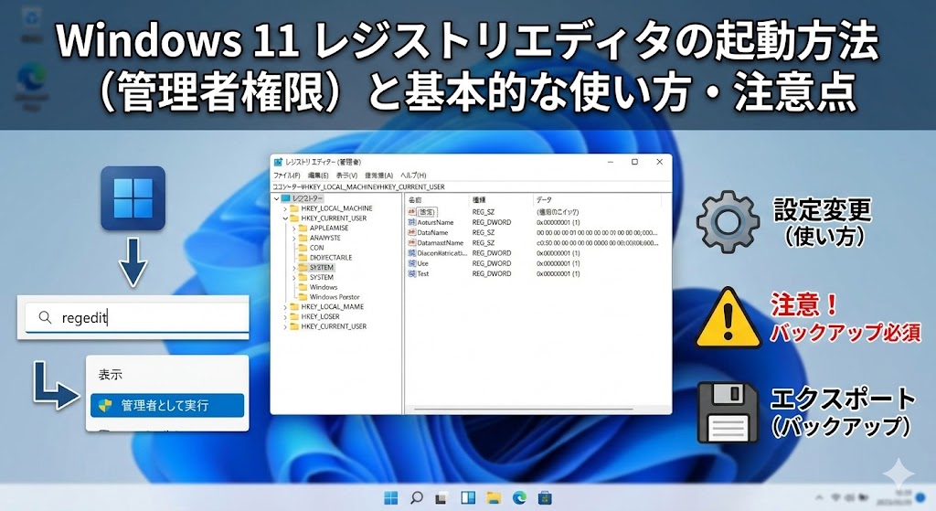 Windows 11 レジストリエディタの起動方法（管理者権限）と基本的な使い方・注意点