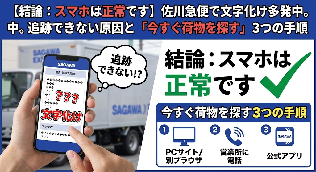【結論：スマホは正常です】佐川急便で文字化け多発中。追跡できない原因と「今すぐ荷物を探す」3つの手順