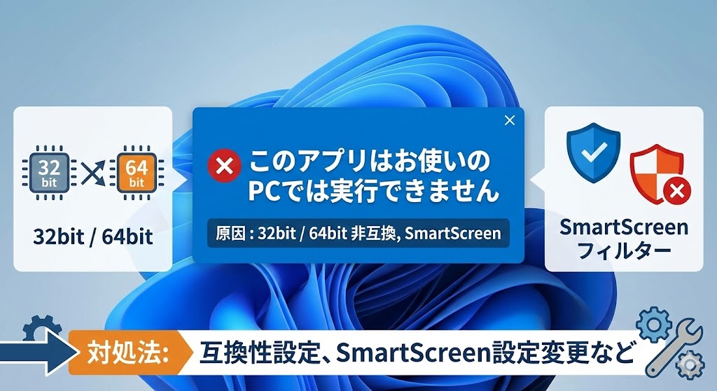 「このアプリはお使いのPCでは実行できません」と表示される原因 (32bit/64bit, SmartScreen) と対処法