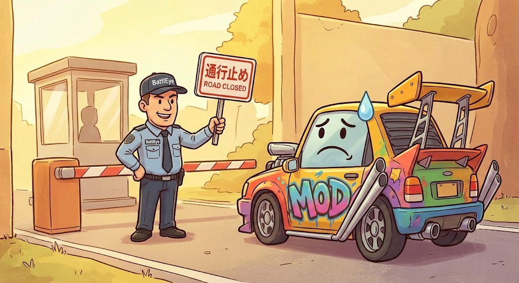 ゲートの前で「通行止め」の看板を持つ警備員(BattlEye)と、困っている改造車(MOD)のイラスト。コミカルで分かりやすいテイスト