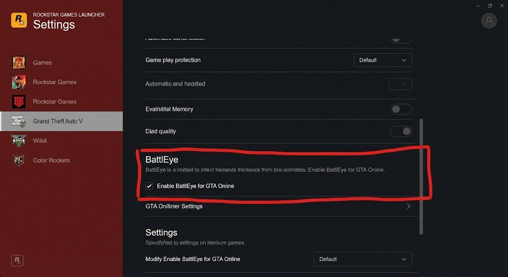 Rockstar Games Launcherの「設定」画面。左側メニューで「Grand Theft Auto V」を選択し、右側の「BattlEye」の項目にあるチェックボックスを赤枠で囲んで強調