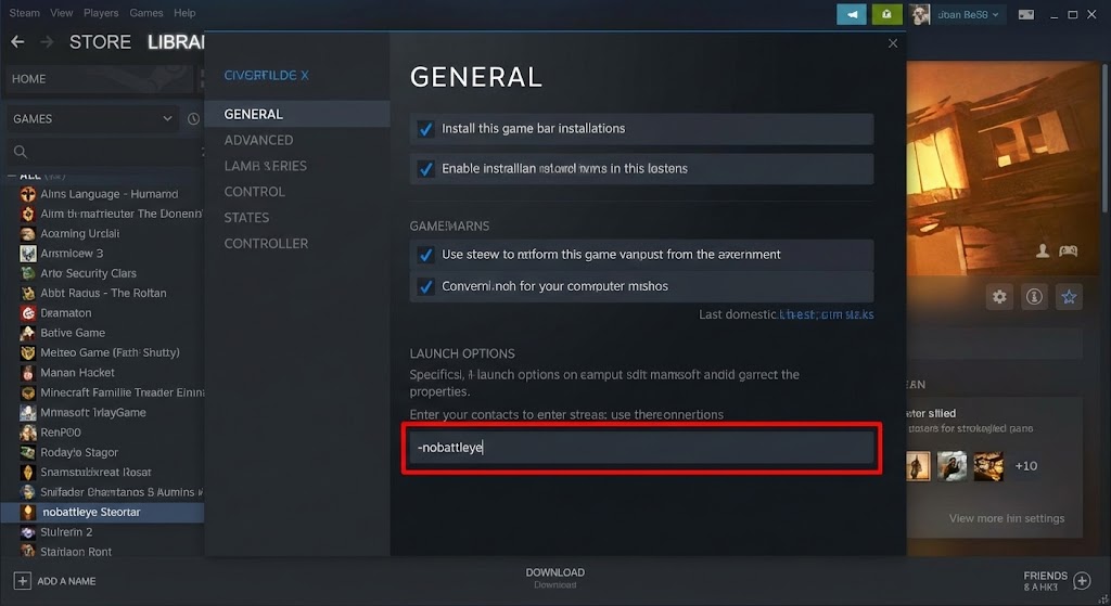 Steamのプロパティ画面。「一般」タブ内の「起動オプション」入力欄に「-nobattleye」と入力されている状態。入力欄を赤枠で囲む