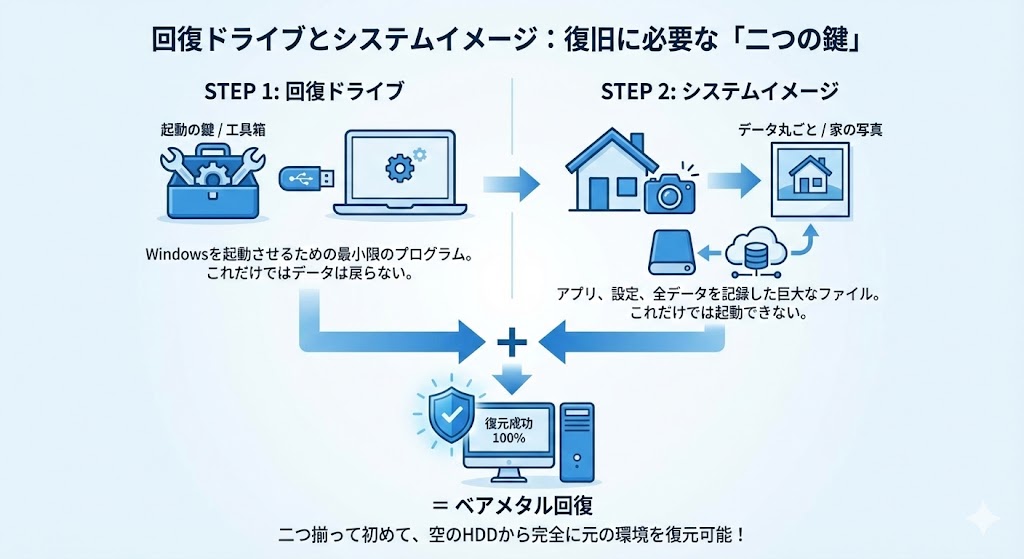 構成要素: 1. ステップ1 (回復ドライブ): 「工具箱(起動薬)」。Windowsを起動させるための最小限のプログラム。 2. ステップ2 (システムイメージ): 「家の写真(データ丸ごと)」。アプリ、設定、全データを記録したファイル。 3. 補足: 二つ揃って初めて「ベアメタル回復」が可能になる。 1. ステップ1 (回復ドライブ): 「工具箱(起動薬)」。Windowsを起動させるための最小限のプログラム。 2. ステップ2 (システムイメージ): 「家の写真(データ丸ごと)」。アプリ、設定、全データを記録したファイル。 3. 補足: 二つ揃って初めて「ベアメタル回復」が可能になる。