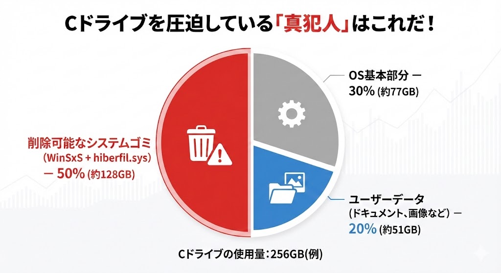 件名: 隠れた巨大ファイルの占有イメージ図 目的: ユーザーデータ(ドキュメント等)を消す努力が徒労であり、システムゴミを消すべきだと直感的に理解させる。 構成要素: 1. タイトル: Cドライブを圧迫している「真犯人」はこれだ! 2. 円グラフ全体: Cドライブの使用量(例: 256GB) 3. 要素A (小): ユーザーデータ (ドキュメント、画像など) – 約20% 4. 要素B (中): OS基本部分 – 約30% 5. 要素C (特大・赤色): 削除可能なシステムゴミ (WinSxS + hiberfil.sys) – 約50%