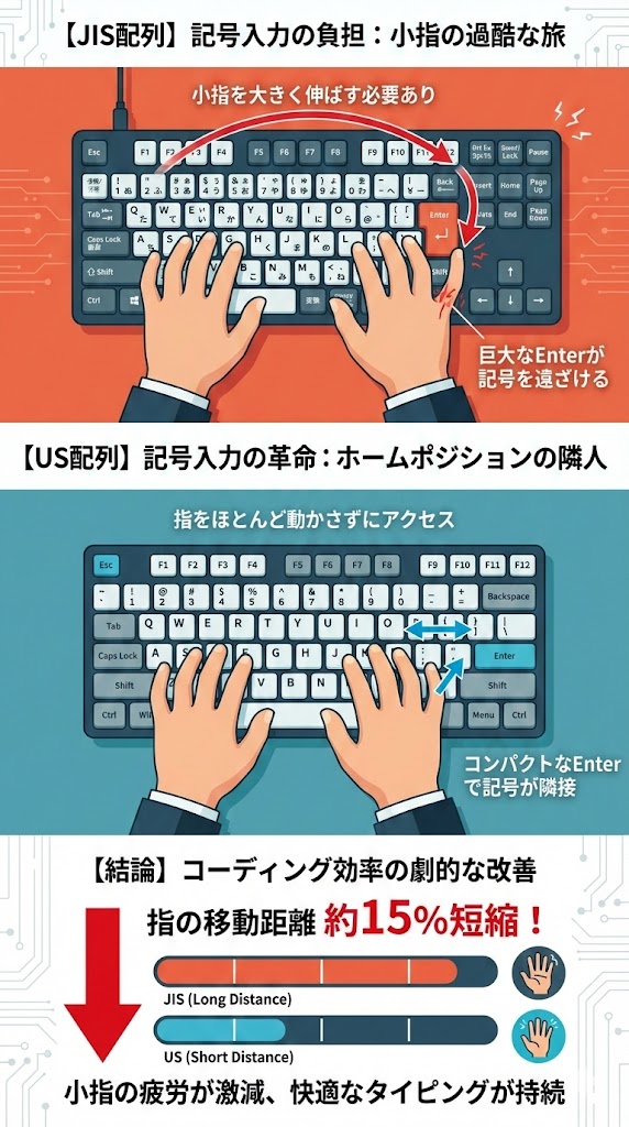 件名: JISとUSの記号アクセス距離の比較 構成要素: JIS配列で小指を伸ばす図 vs US配列でホームポジション横に記号がある図 結論: 指の移動距離が15%短縮されることを赤矢印で強調