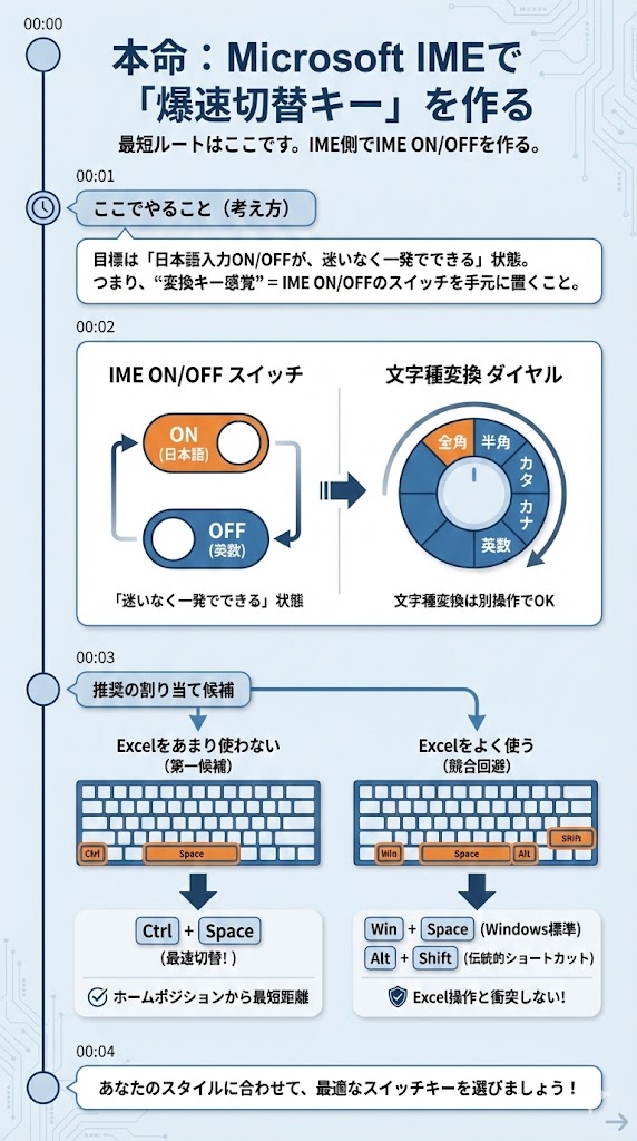 Conceptual diagram showing IME ON/OFF as a large toggle switch and character conversion as a dial (概念図:IME ON/OFF=スイッチ、文字種変換=ダイヤル)