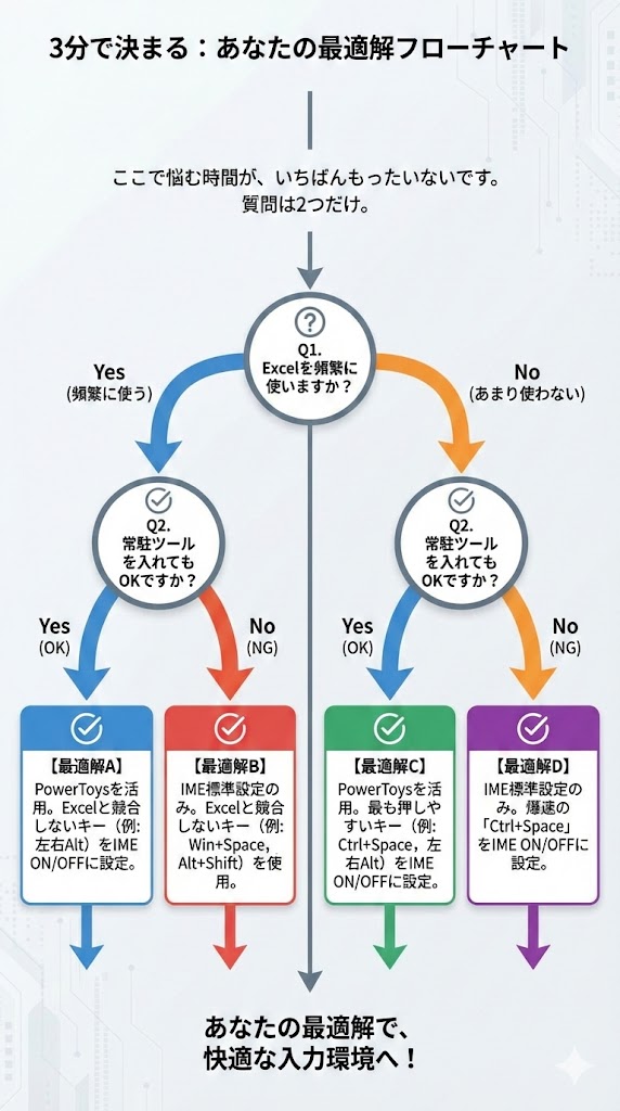 Windows 11 IME settings decision flowchart based on Excel usage and PowerToys availability (Excel多用・常駐OKで分岐するフロー図)