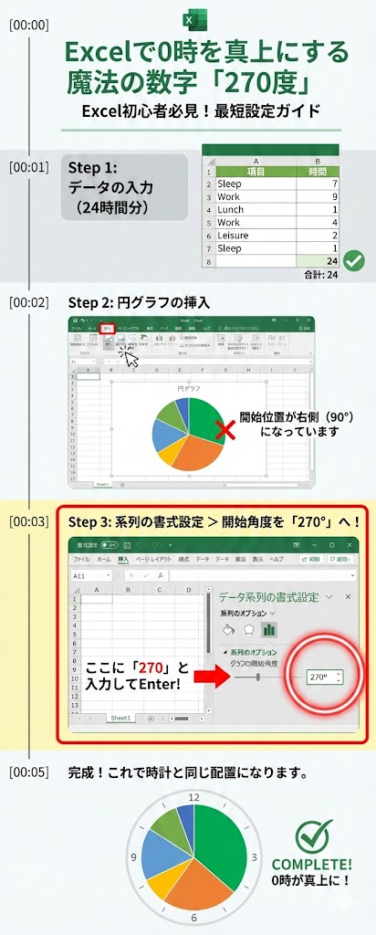 件名: Excelでの円グラフ開始角度設定の図解 目的: Excel初心者が迷う「0時を真上にする設定」を視覚的に理解させる。 構成要素: 1. タイトル: Excelで0時を真上にする魔法の数字「270度」 2. ステップ1: データの入力(24時間分) 3. ステップ2: 円グラフの挿入 4. ステップ3: 系列の書式設定 > グラフの開始角度を「270°」に変更 5. 補足: これで時計と同じ配置になります。 デザインの方向性: フラットデザイン。Excelの操作画面をシンプルにイラスト化。注目ポイント(270度)を赤枠で強調。