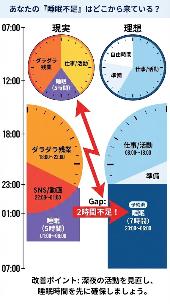 🎨 デザイナー向け指示書:インフォグラフィック 件名: 理想vs現実の比較円グラフ 目的: 推奨される睡眠時間と現状のズレを視覚化し、改善ポイントを明確にする。 構成要素: 1. タイトル: あなたの「睡眠不足」はどこから来ている? 2. 左図(現実): 深夜1時就寝、睡眠5時間。SNSやダラダラ残業が睡眠を圧迫。 3. 右図(理想): 23時就寝、睡眠7時間。睡眠時間を先に「予約」した構成。 4. 中心要素: 睡眠時間のGapを赤矢印で強調。 デザインの方向性: ポジティブな対比。現実は忙しさを象徴する暖色、理想は睡眠ガイドの信頼性を想起させる落ち着いた青(MHLWブルー等)を基調に。