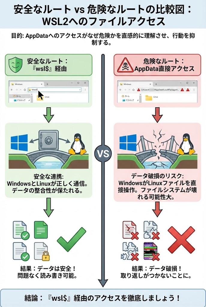 WSL2へのファイルアクセスにおいて、wsl$経由は安全だが、AppDataへの直接アクセスはデータ破損のリスクがあることを示す比較イラスト