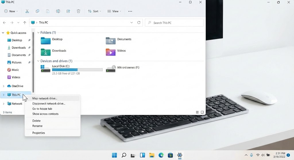 エクスプローラー左側の「PC」アイコンを右クリックしている様子