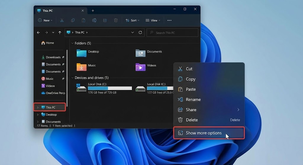 右クリックメニューの「その他のオプションを表示」をクリックしている様子