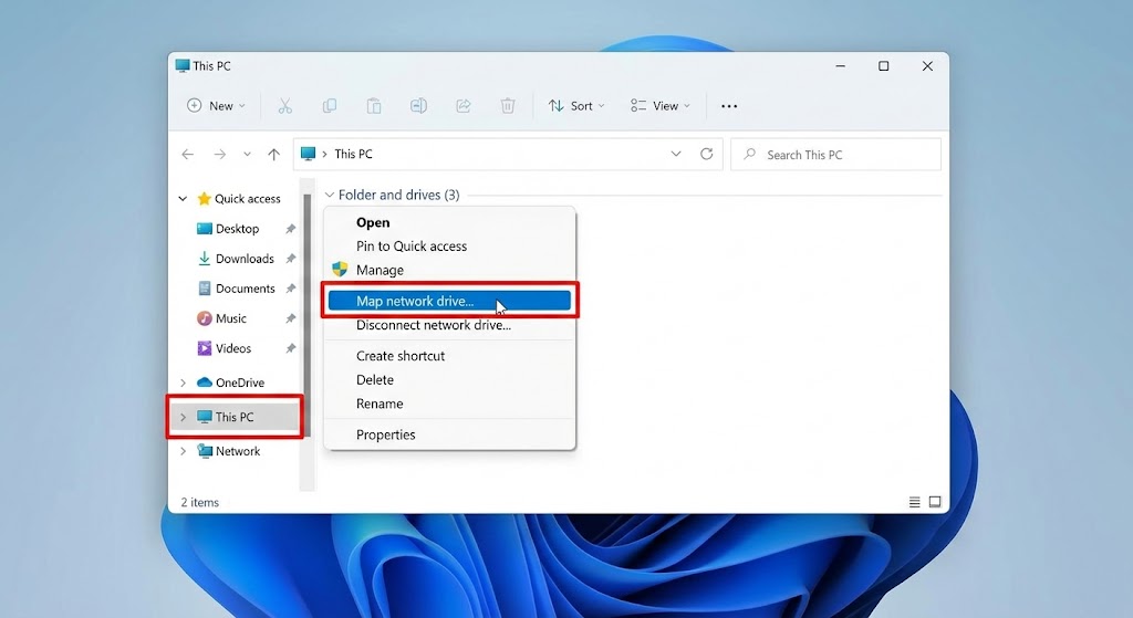 展開されたメニューから「ネットワークドライブの割り当て」を選択している様子